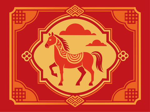 Chinese Zodiac Year of the Horse Illustration in Traditional Red and Gold Frame