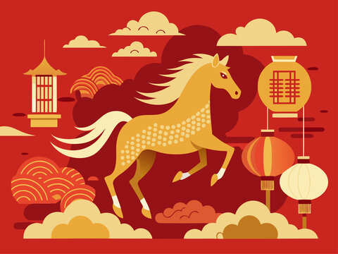 Chinese New Year Golden. Horse Running in Traditional Chinese New Year Style Art