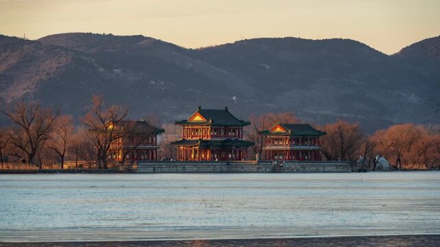 Overlooking Summer Palace Jingming Tower at dusk