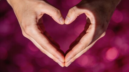 A pair of expressive hands forms a universal heart gesture against a bright pink bokeh background symbolizing love and connection