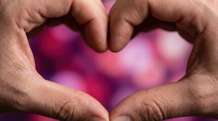 Pair of adult hands forming a heart shape gesture over a vibrant magenta and pink bokeh background for romance and love
