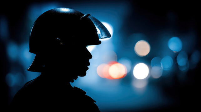 Silhouette of a police officer in riot gear at night with blurred city lights in the background. A police officer wearing a helmet and protective gear stands in silhouette against a backdrop of bokeh.