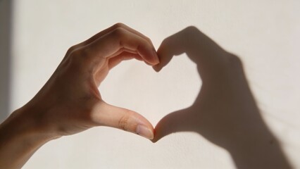 A person's hand forming a heart shape casts a dramatic shadow on a neutral textured wall with warm sunlight and copy space