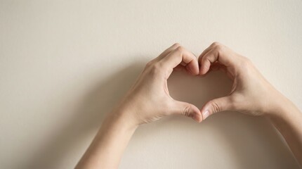 Delicate human hands forming a universal heart symbol gesture against a neutral beige wall with ample copy space