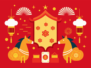 Flat Illustration of Chinese New Year Celebration with Zodiac Horses and Traditional Ornaments