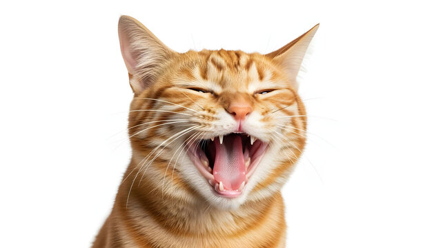 Close-up of Ginger Tabby Cat Yawning Widely on White Background