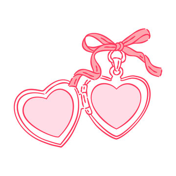Hand-drawn pink heart locket with ribbon bow, open photo frame illustration isolated on white background.