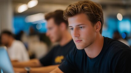 Fototapeta premium A productive workday includes moments like an open office break, allowing employees to relax, exchange ideas, and improve overall performance. cinematic color correction, natural uneven lighting