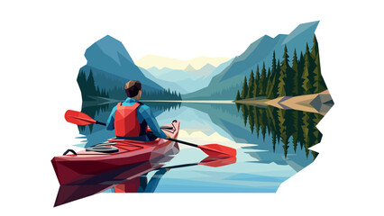 Low poly kayaking adventure in serene mountain lake landscape