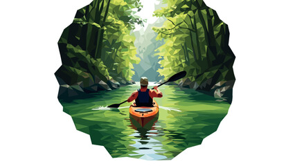Geometric landscape of a person kayaking through a serene forest river
