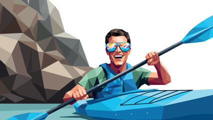 Naklejka premium Geometric art kayaker: low poly man paddling in vibrant water adventure