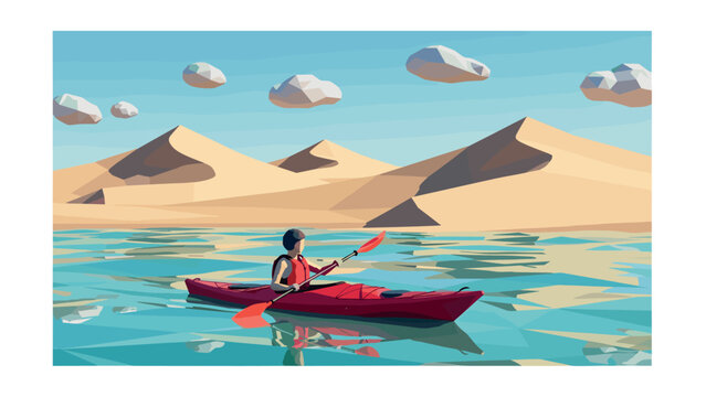 Low poly kayaking adventure in desert landscape with geometric clouds