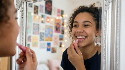 Smiling mixed race teenage girl applying pink lip gloss while looking into a decorative mirror in her cozy bedroom