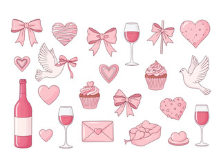 Collection of pink valentines day icons and symbols