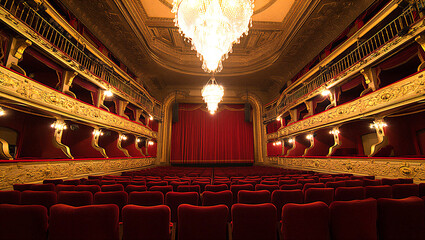 Luxurious Grand Theater Interior with Red Velvet Seats and Golden Balconies.