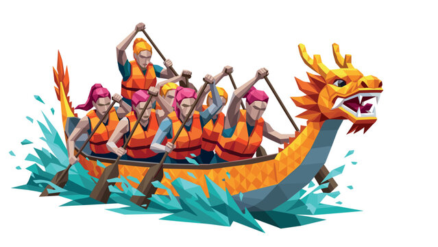 Vibrant polygonal dragon boat race with team of rowers in motion