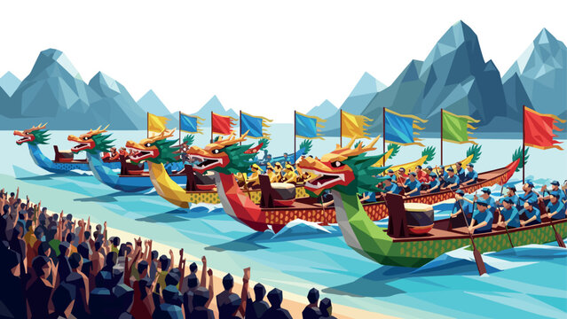 Colorful dragon boat festival with rowers racing across scenic mountain lake