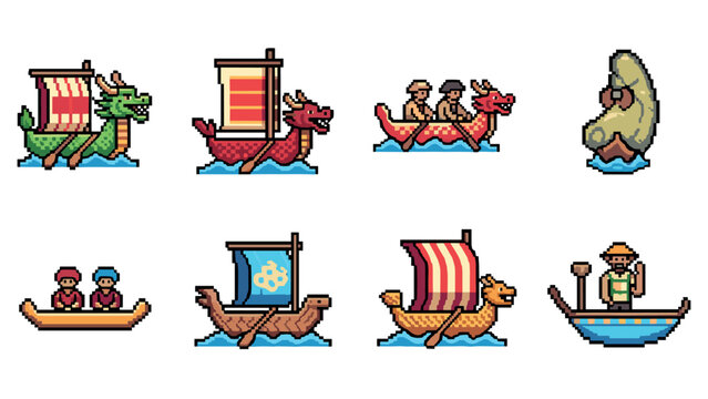 Pixel art style boating adventures: dragon boats, canoes, and sailboats