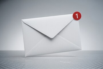 White envelope with a red notification icon indicating one unread message standing upright on a gray surface with a subtle grid pattern in the background.