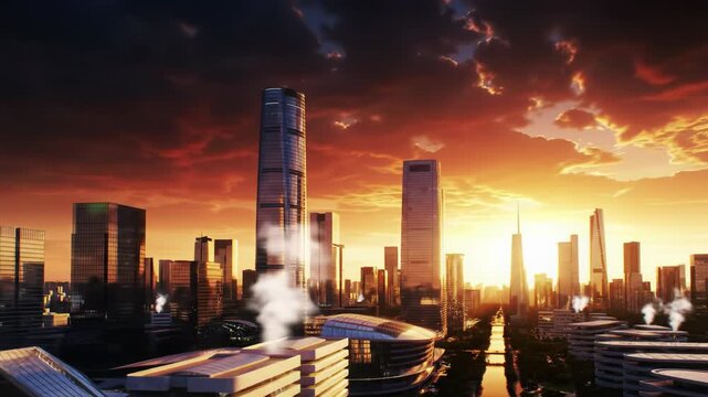 Sweeping wide-angle video of a futuristic urban skyline at sunrise, showcasing towering skyscrapers with rim lighting and subtle lens flares against a golden hour sky in vibrant orange, red, and