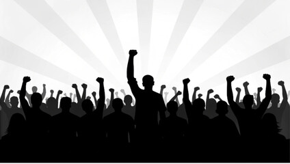 Fototapeta premium Dynamic silhouetted crowd raising fists, symbolizing protest, revolution, and collective power