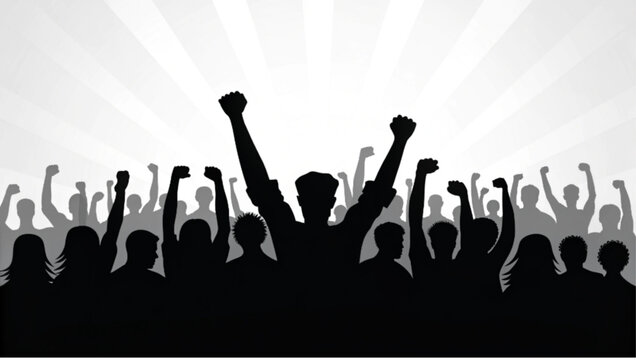 Silhouettes of a diverse crowd with raised fists, symbolizing unity, protest, or celebration.