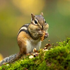 Obraz premium A striped rodent, perched on moss, chews a nut with puffed cheeks