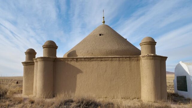 The Agybay Batyr Mausoleum. The structure is constructed of mud bricks and clay mortar.