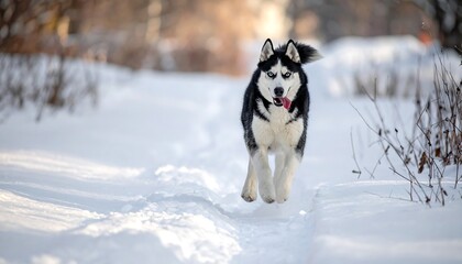 A husky dog with piercing blue eyes runs through a snowy path