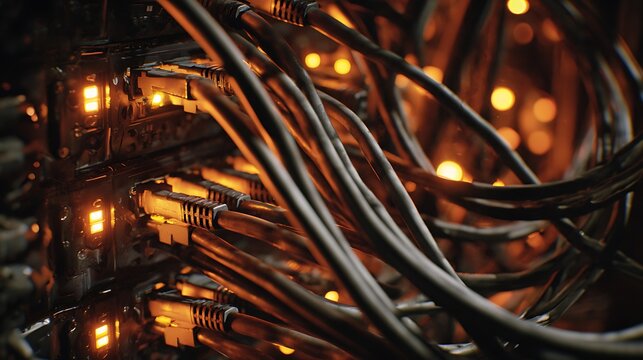 Close Up View of Network Ethernet Cables Connected to Switch.