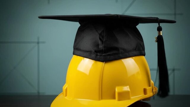 Construction Hard Hat with Graduation Cap, Symbolizing Skilled Labor Education