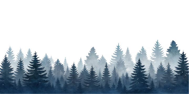Serene watercolor blue forest silhouette with misty pine trees, hand-painted texture, and tranquil winter gradient.