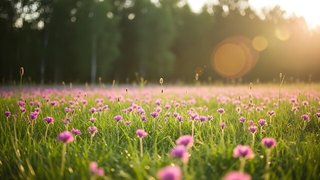 Pradera con muchas flores de margaritas de primavera blancas y rosadas en un d&iacute;a soleado