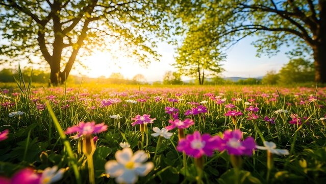 Pradera con muchas flores de margaritas primaverales blancas y rosadas en un d&iacute;a soleado.
 Paisaje natural en estonia a principios de verano.