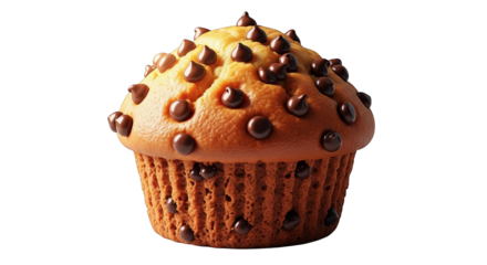 Delicious chocolate chip muffin presented against a stark black background for a clean aesthetic.