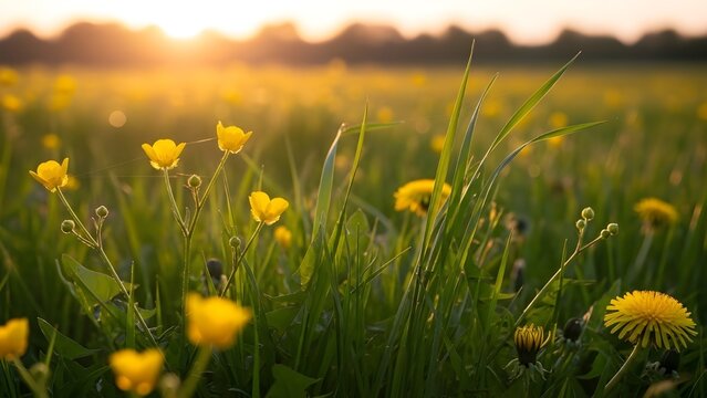 narciso de pancarta en blanco y amarillo en un prado de primavera con luz c&aacute;lida