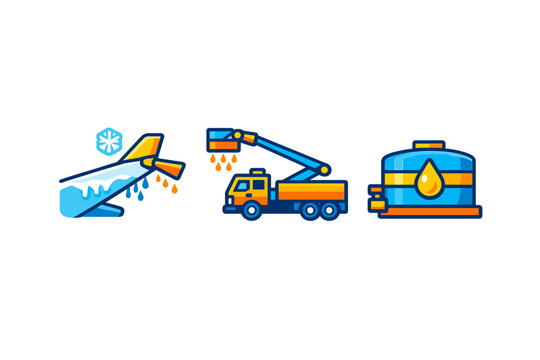 Airport ground services icons: de-icing, fuel truck, and fuel tank
