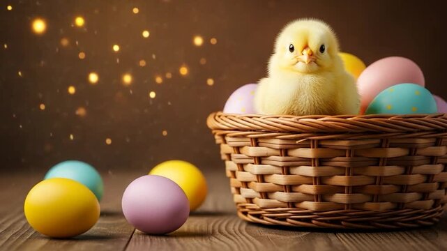 Easter Basket with Pastel Eggs and a Chick: The image captures a charming Easter scene with a fluffy yellow chick nestled amongst colorful pastel eggs in a rustic woven basket.