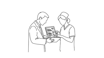 Medical professionals discussing data on tablet in simple linear style