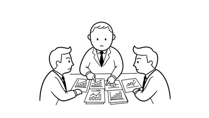 Business team discussion analyzing data in simple line art style