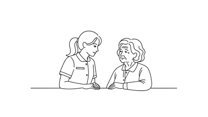 Caring interaction between young nurse and elderly woman in simple line art style