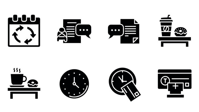 Business schedule icons: meeting, coffee break, time management, document chat
