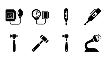 Medical tools set: silhouette icons of thermometers, hammers, and blood pressure devices