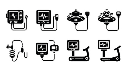 Medical equipment icons: heart monitors, treadmills, ultrasounds in bold silhouette