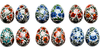 Decorated Easter Eggs with Floral Patterns in Red Blue and Green hand-painted