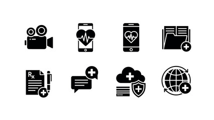 Healthcare and multimedia icons: communication, medical records, and security in silhouette style