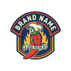 Cartoon Red Chili Pepper Chef Hat Logo.