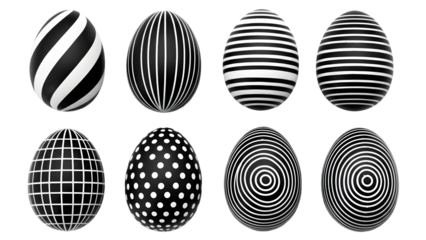 Eight black and white patterned eggs on black background patterns stripes