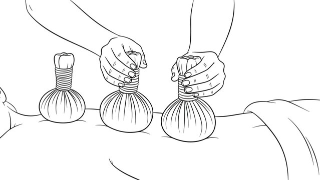 Herbal compress therapy hand drawing for relaxation and wellness treatments