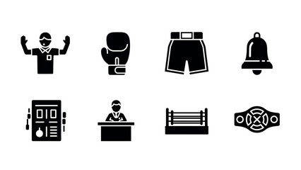 Black and white boxing icon set featuring gloves, ring, and referee symbols